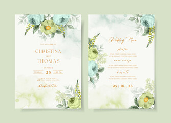 Wedding invitation template set with green floral and leaves decoration