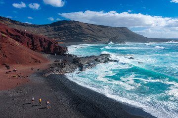 Lanzarote, Spain, 20 March 2022: The Atlantic  Ocean at El Golfo black volcanic beach