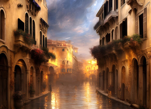 Atmospheric painting of the street of venice at twilight during the annual Acqua Alta floods with water covering the streets and illuminated buildings. generative ai ilustration
