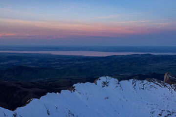 Fototapeta na wymiar Great view of Lake Constance from a mountaintop during a beautiful sunset.