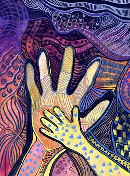 Handprints, abstract watercolor painting. Image of the palms of the parent and child.