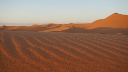 Fototapeta na wymiar Sand ripples on a moroccan Sahara erg dune, near the settlement of Merzouga.