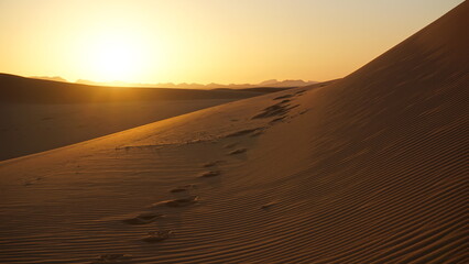 Sunset just above the orange sandy dunes of the western Sahara near the settlement of Merzouga, Morocco.
