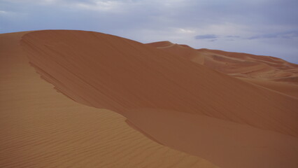Fototapeta na wymiar A sand dune with a distinct, sharp ridge, on a moroccan Sahara erg, near the settlement of Merzouga.