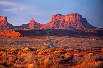 Sunset at Monument Valley, panoramic photo of monument valley, Highway 163, Utah, USA - obrazy, fototapety, plakaty
