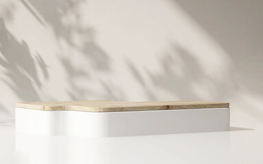 Modern, minimal square podium tray with wooden top on glossy white table counter in dappled sunlight, leaf shadow on beige wall background for luxury beauty, cosmetic, organic, food product display