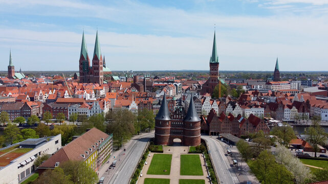 Famous Holsten Gate in the city of Lubeck Germany - aerial photography