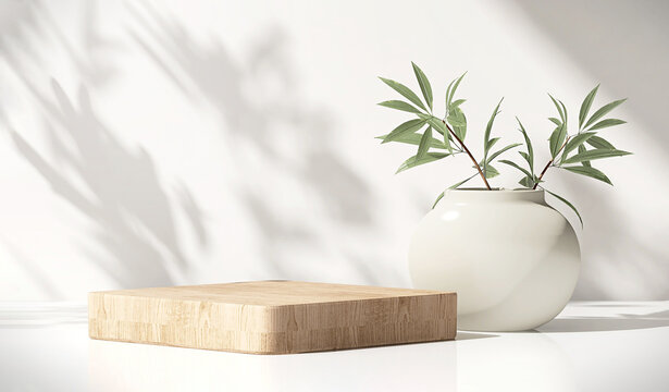 Modern, Minimal Square Wooden Podium Tray On Glossy White Table Counter, Vase Of Tree Twig, Leaf Shadow On Wall Background For Luxury Beauty, Cosmetic, Organic, Nature, Fashion, Food Product Display