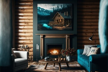 living room with fireplace blue and green ,ai, Generative AI