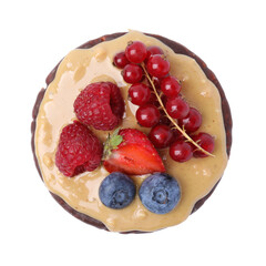 Crunchy rice cake with peanut butter and sweet berries isolated on white, top view