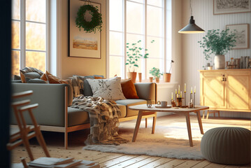 Scandinavian living room in sunshine, cosy interior design