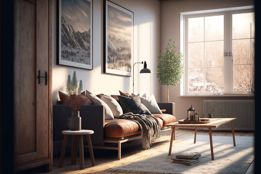 Scandinavian living room in sunshine, cosy interior design