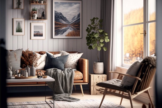 Scandinavian living room in sunshine, cosy interior design
