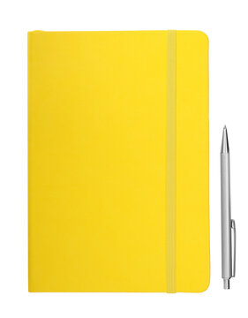 Closed Yellow Notebook With Pen Isolated On White, Top View