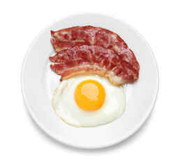 Plate with delicious fried egg and bacon isolated on white, top view