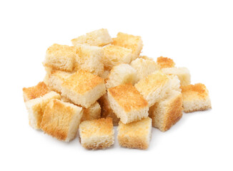 Pile of delicious crispy croutons on white background