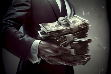 Businessman hands holding a lots of money as financial investor. Generative AI