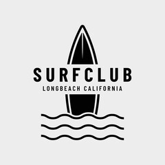 Vintage surfboard Logo template,surfing on a summer beach.For business,badge,holiday, ,label,emblem. - obrazy, fototapety, plakaty