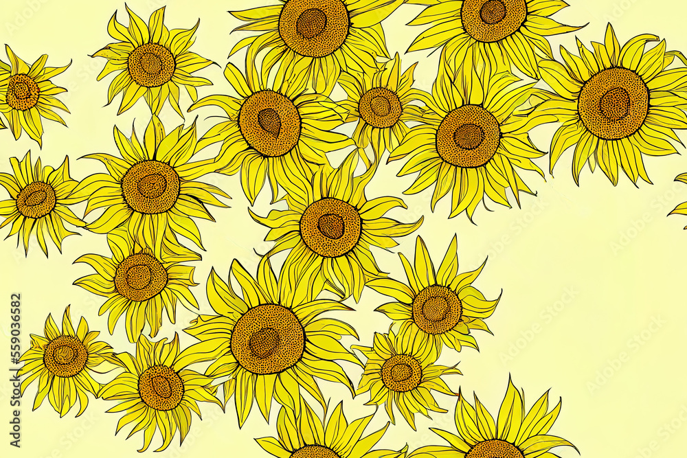 Wall mural a smooth pattern of sunflowers. background with a texture of line flowers in yellow generative ai