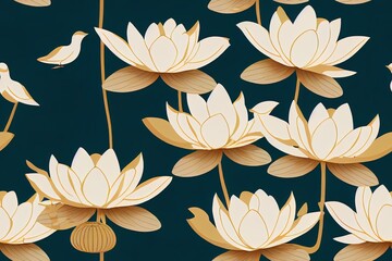 Fototapeta na wymiar The illustration of a seamless pattern of a traditional Mughal garden, complete with lotus, arch, temple, light, and bird. Generative AI