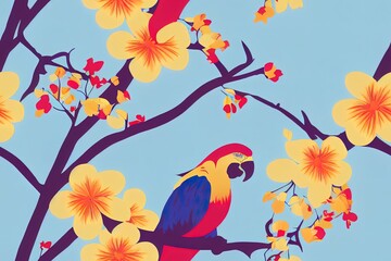 Common Mughal landscape design. seamless pattern with an arch and a parrot for use as wallpaper Generative AI