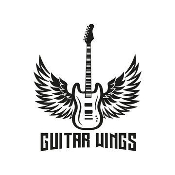 Vintage Retro inspiration guitar design with wings, Logo design vector, can be used for music store,musical instruments