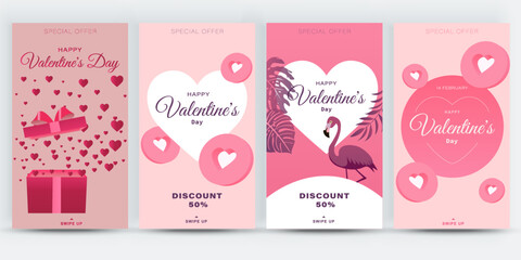 Set of Valentine's Day celebration social media stories templates. Love banners with cute romantic design elements. Ideal for web, event invitation, discount voucher, advertising. Vector