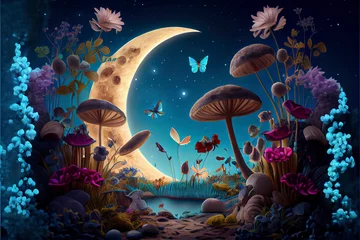 Foto op Canvas fantastic wonderland landscape with mushrooms, lilies flowers © surassawadee