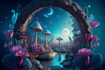 fantastic wonderland landscape with mushrooms, lilies flowers