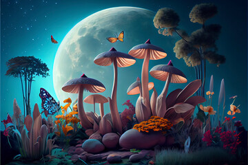 Obraz na płótnie Canvas fantastic wonderland landscape with mushrooms, lilies flowers