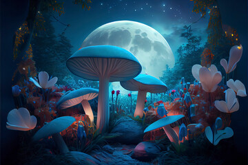 fantastic wonderland landscape with mushrooms, lilies flowers - obrazy, fototapety, plakaty