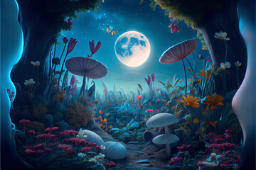 fantastic wonderland landscape with mushrooms, lilies flowers - obrazy, fototapety, plakaty