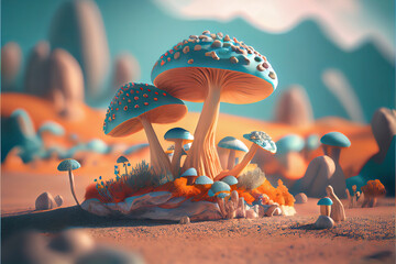 fantastic wonderland landscape with mushrooms - obrazy, fototapety, plakaty