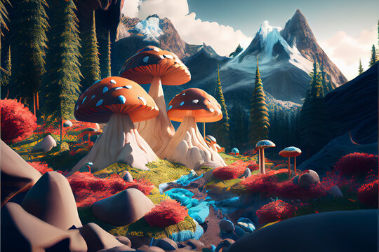 fantastic wonderland landscape with mushrooms