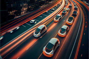 Fototapeta na wymiar Several electric cars drive on a big road in a smart city