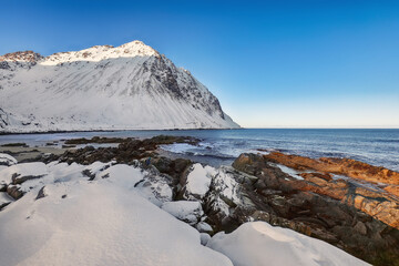 Marwelous winter scenery on Storsandnes beach in the morning.