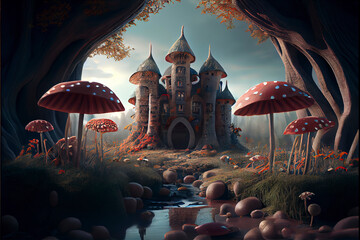 fantastic wonderland landscape with mushrooms, beautiful old castle - obrazy, fototapety, plakaty