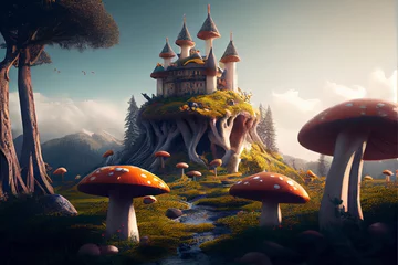 Foto op Aluminium fantastic wonderland landscape with mushrooms, beautiful old castle © rufous