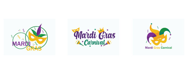 Mardi Gras or Shrove Tuesday , mardigras poster for party or post to social media, harlequin hat mask mardi gras carnival, set flat vector modern illustration