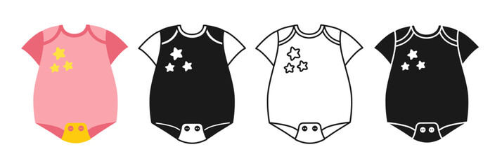 Baby bodysuit cartoon icon set. Child shirt clothes for newborn, onesie vest line symbol. Cute simple nursery kids accessory objects collection. Birthday child toddler memory scrapbook kit vector