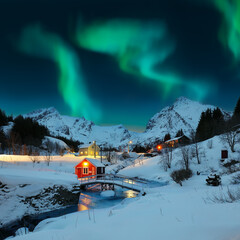 Fabulous evenihg scenery of Norwegian Nusfjord village with Northern Lights.