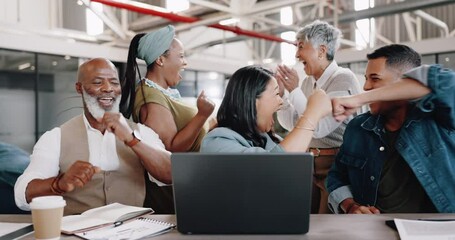 Business people, team and laptop with winner and success, cheers with applause for promotion or bonus deal in workplace. Collaboration, diversity and happy dance, fist bump and wow, excited for win.