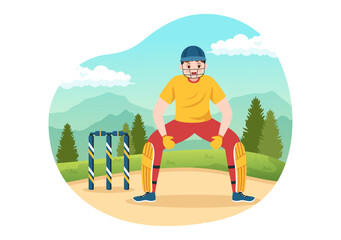 Batsman Playing Cricket Sport Illustration with Bat and Balls in the Field for Championship in Flat Cartoon Hand Drawn Templates