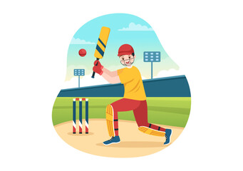 Batsman Playing Cricket Sport Illustration with Bat and Balls in the Field for Championship in Flat Cartoon Hand Drawn Templates