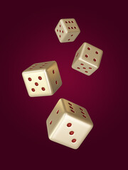 Set of golden dice with red dots on purple background. 3d render 3d rendering illustration
