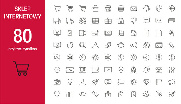 zestaw ikon, sklep internetowy, zakupy online ikona, ecommerce ikony, edytowalna grubość linii, koszyk, mail, bezpieczeństwo, dostawa, oszczędność, rabat,  paczka, płatność kartą, płatność got&oacute;wką...