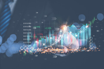 Businessman touching virtual screen on growth graph stock chart. Virtual screen with growth graph, stock chart. Investment, business, technology concept.
