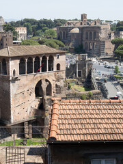 View from a high angle of a part of the Roman forum  in Rome, Italy, daytime, sunlight, outdoors.