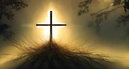 The tree and its roots make the cross
computer generated image.