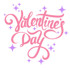 happy valentines day lettering with pink glitter. hand drawn without background